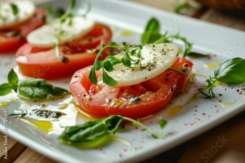 A plate topped with sliced tomatoes and mozzarella, both are white in color
