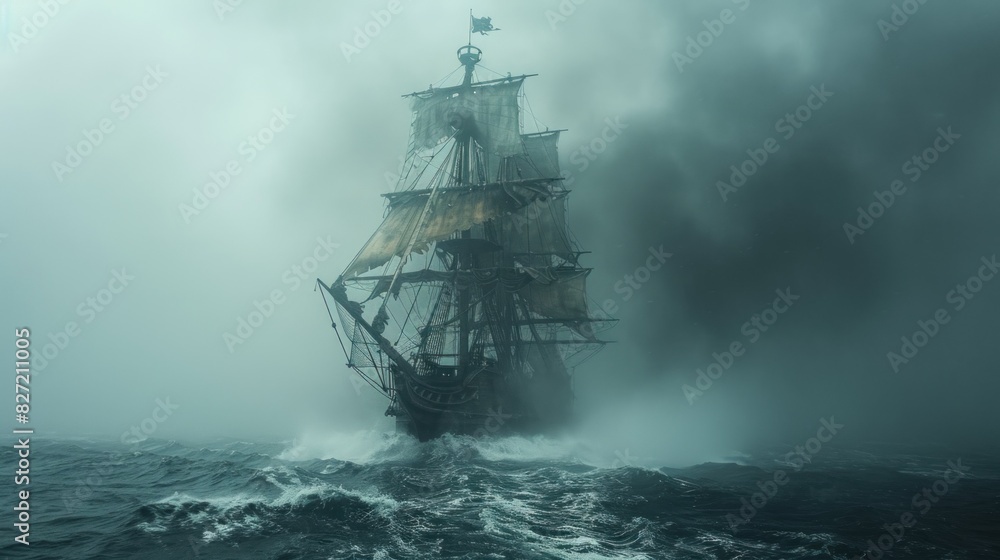 Mock-up of a blank-style pirate ship with tattered sails and a skull flag, sailing through stormy seas Mock-up of a blank-style pirate ship with tattered sails and a skull flag, sailing through stormy seas