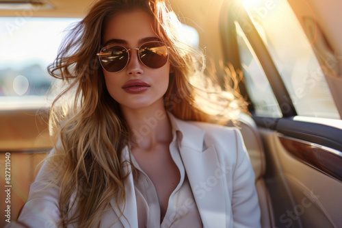 A stylish woman in sunglasses and business attire sitting inside the back seat of a car, gazing out through her window on the road with confidence. © Duka Mer