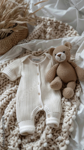 A white long-sleeve baby onesie lies on top of a knitted blanket with a teddy bear toy.