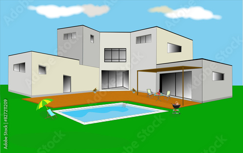 Modèle d'une maison moderne individuelle avec piscine en premier plan, sur fond de ciel bleu	