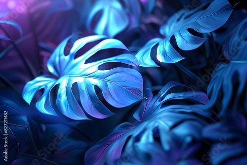 Mesmerizing Otherworldly Glowing Tropical Flora Bathed in Electric Blue and Green Luminescence photo