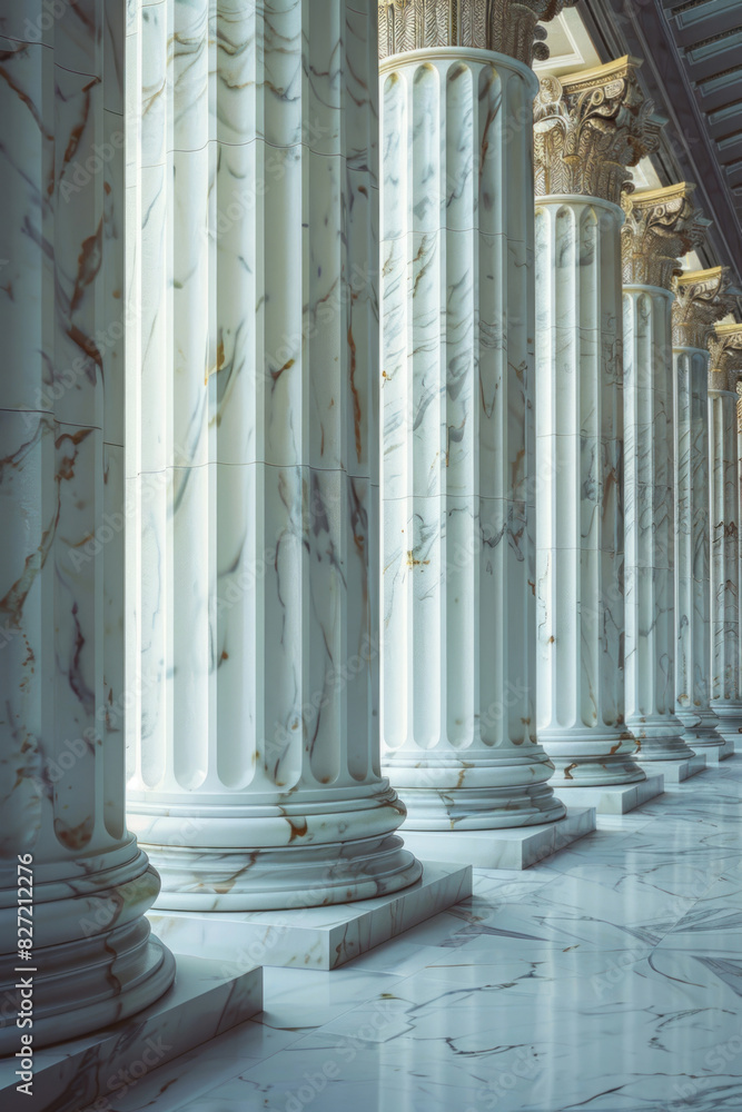 Naklejka premium A row of classical marble columns, each column representing one pillar in the justice system, set against a white background with soft shadows and highlights on the pillars.
