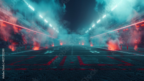 An empty American football stadium with smoke and lights, featuring cinematic lighting.
