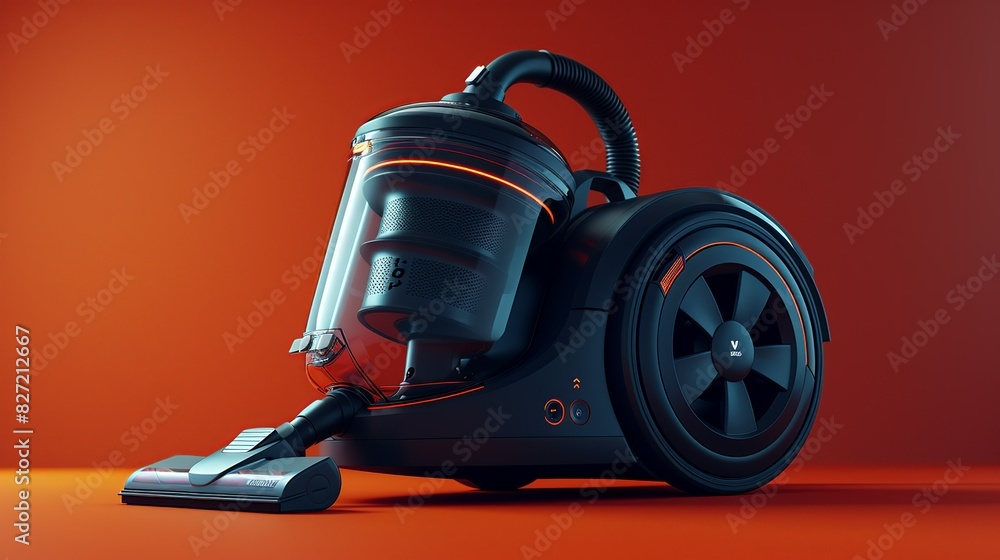 A 3D rendering of a high-performance vacuum cleaner, showcasing its powerful motor and stylish design, set against a bright, single-color background for emphasis. A 3D rendering of a high-performance vacuum cleaner, showcasing its powerful motor and stylish design, set against a bright, single-color background for emphasis.