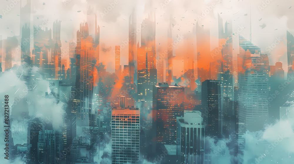 Spectacular watercolor painting of an abstract urban, cityscape, skyscraper scene in orange and teal, grayish smog. Double exposure building. Digital art 3D illustration. 