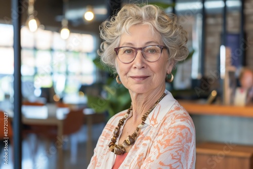 Elegant older woman with glasses stands confidently in her office, embodying experience and breaking barriers in the business world