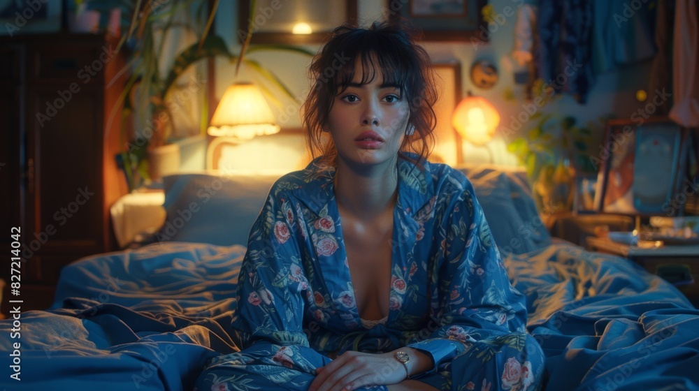 Tranquil Night: Hyper-realistic Portrait of a Calm 21-year-old Woman Relaxing in Pajamas by Night Light in Serene Bedroom Tranquil Night: Hyper-realistic Portrait of a Calm 21-year-old Woman Relaxing in Pajamas by Night Light in Serene Bedroom