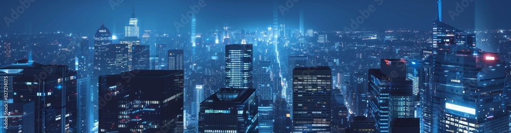 a cityscape of tall buildings at night, with lights on in the windows and streets below glowing.