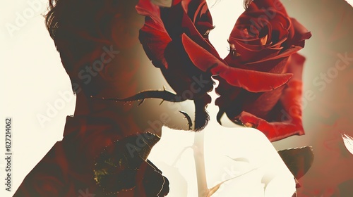 silhouette young man with red rose flower conceal in the eyes double exposoure with young woman in background photo