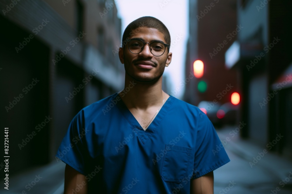 man wearing scrubs looking at camera man wearing scrubs looking at camera