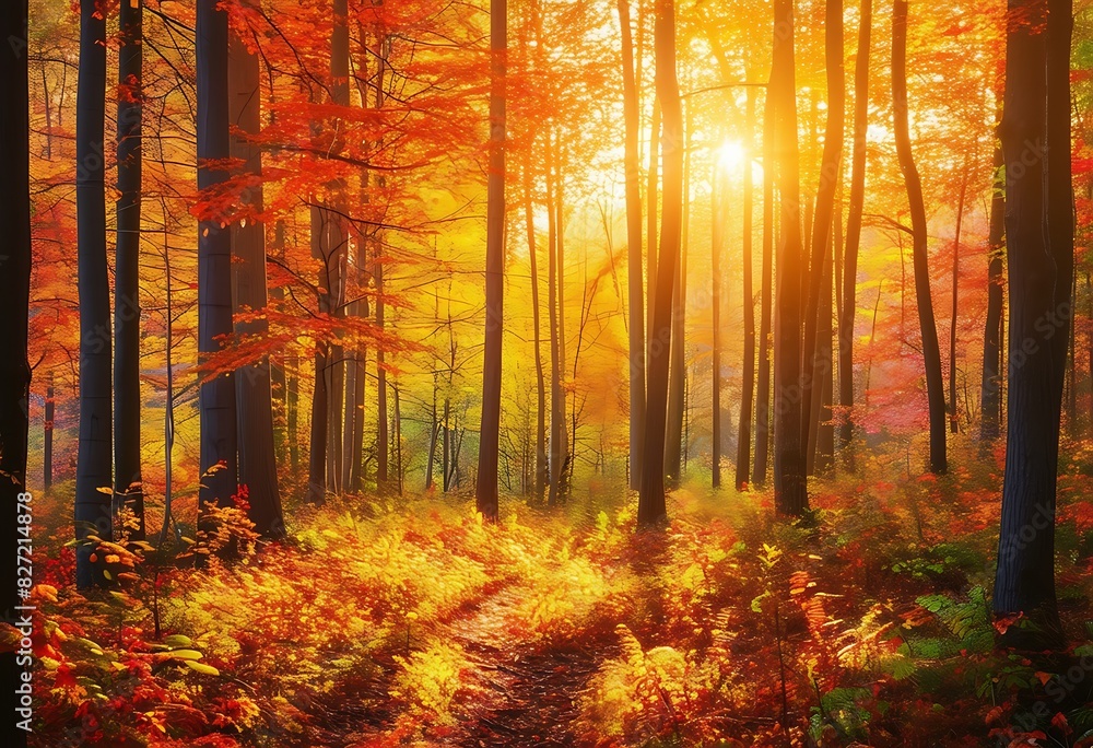 Obraz premium Golden Morning: Autumn Nature Landscape of a Colorful Forest Bathed in the Warm Light of Morning Sunlight, Evoking the Tranquility and Beauty of the Season. 