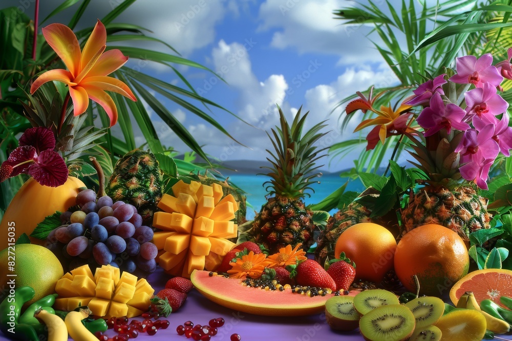 Tropical Paradise  Exotic, tropical settings with vibrant fruits