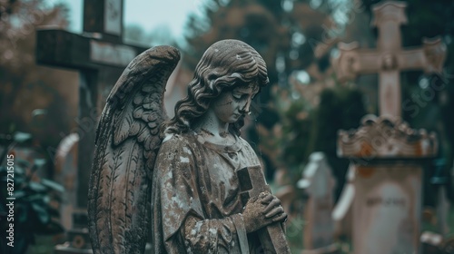 An obsolete statue of an angel with a cross at a burial in a cemetery. Concept of burial, death.
