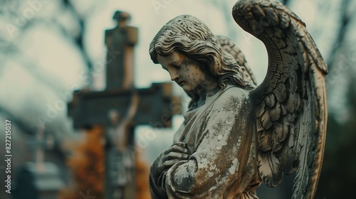 An obsolete statue of an angel with a cross at a burial in a cemetery. Concept of burial, death.
