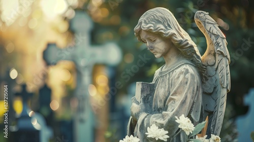 An obsolete statue of an angel with a cross at a burial in a cemetery. Concept of burial, death.