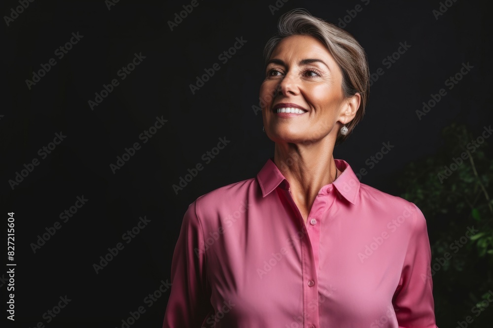 Portrait of a Beautiful Senior Woman in a Pink Shirt Looking Away Elegant smiling mature woman standing in front of a dark background Portrait of a Beautiful Senior Woman in a Pink Shirt Looking Away Elegant smiling mature woman standing in front of a dark background