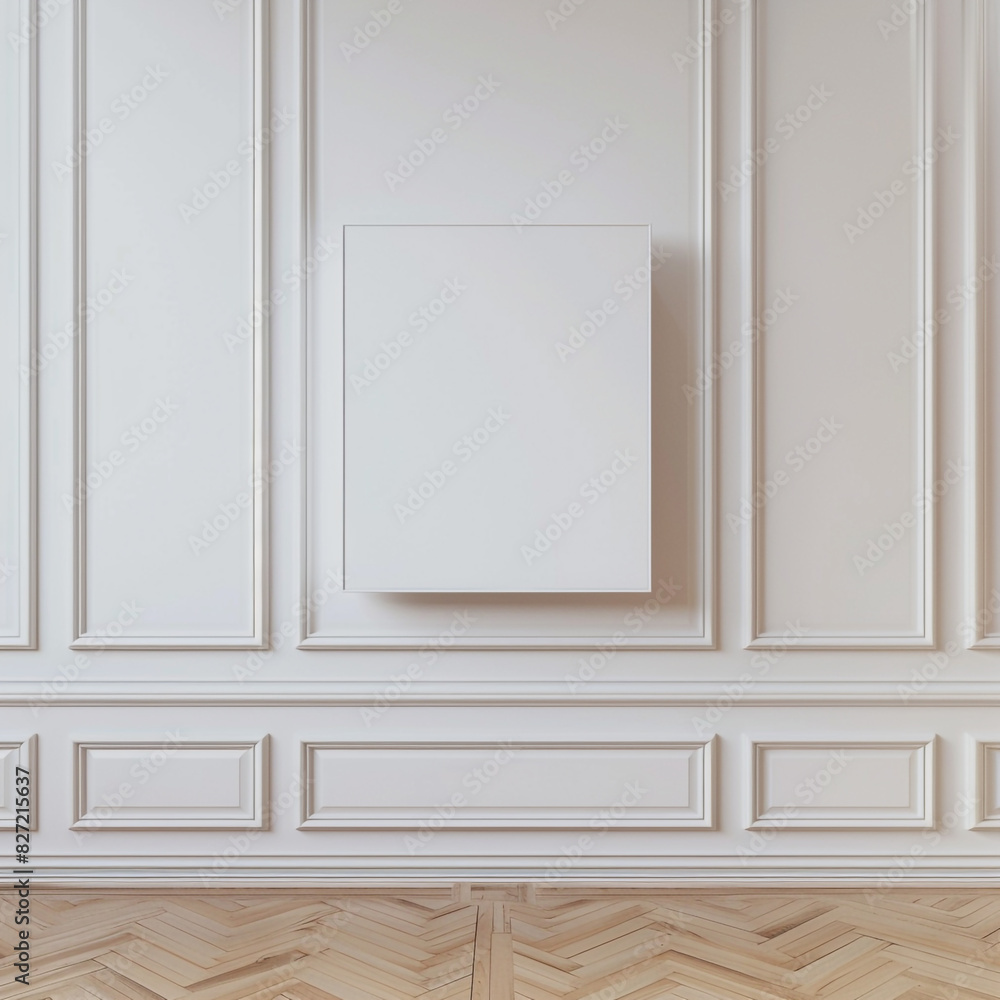 Minimalist empty room with a blank frame on a white wall and a parquet floor. High-definition 3D mockup. Minimalist empty room with a blank frame on a white wall and a parquet floor. High-definition 3D mockup.