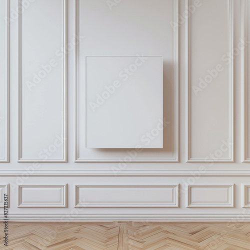 Minimalist empty room with a blank frame on a white wall and a parquet floor. High-definition 3D mockup.