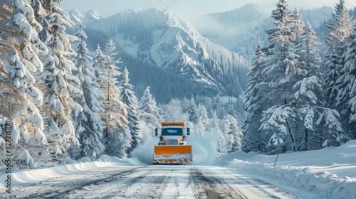 Snow plow clearing mountain road surrounded by frosty trees.