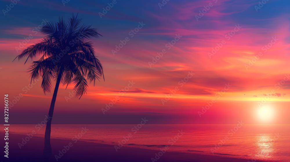Silhouette of a lone palm tree against a colorful sunset sky, beach and horizon in the background, warm glow, realistic photography, sharp focus, tropical sunset Silhouette of a lone palm tree against a colorful sunset sky, beach and horizon in the background, warm glow, realistic photography, sharp focus, tropical sunset