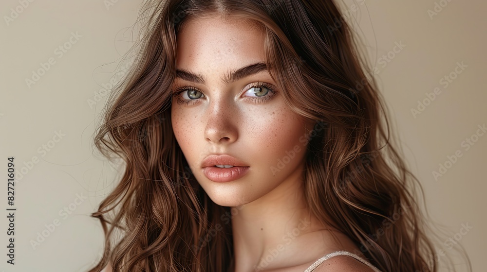 brunette girl with long and shiny wavy hair beautiful model with curly hairstyle