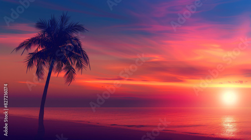 Silhouette of a lone palm tree against a colorful sunset sky, beach and horizon in the background, warm glow, realistic photography, sharp focus, tropical sunset