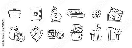 Doodle money icon set in line. Sketches of finance, money, pocket, cash and coins. 