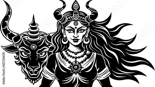 Durga and the demon vector silhouette illustration