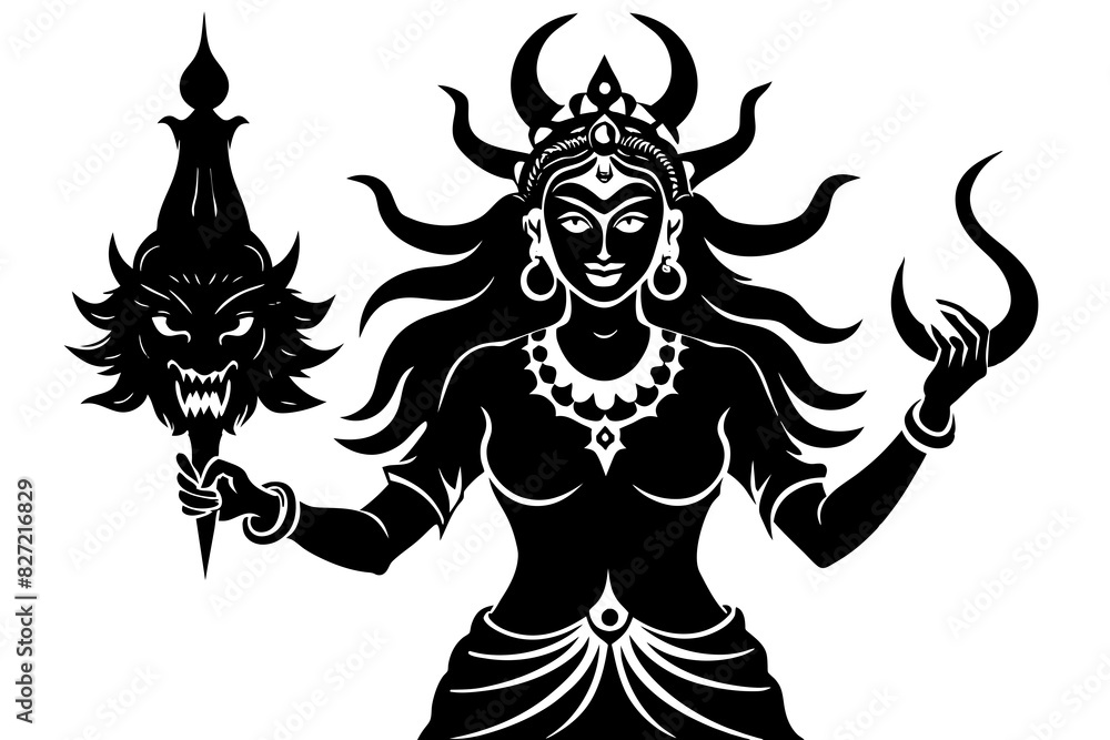 Durga and the demon vector silhouette illustration