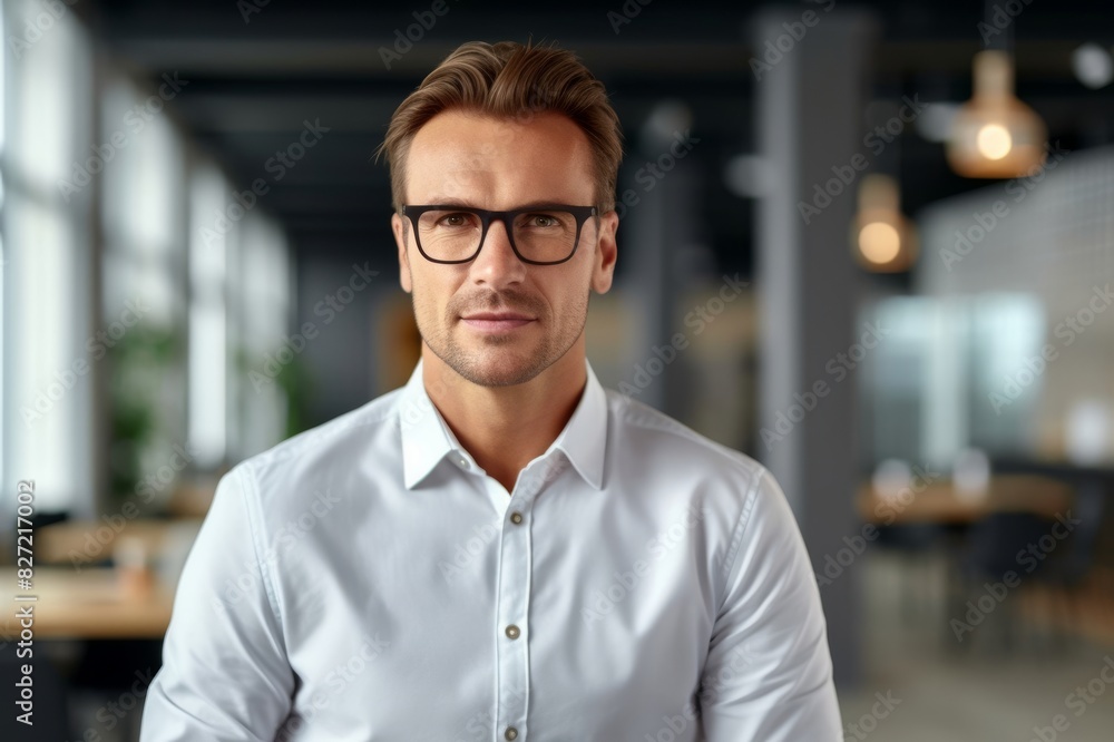 Portrait of confident businessman wearing eyeglasses. Male professional is in shirt at office. He is at textile factory Portrait of confident businessman wearing eyeglasses. Male professional is in shirt at office. He is at textile factory