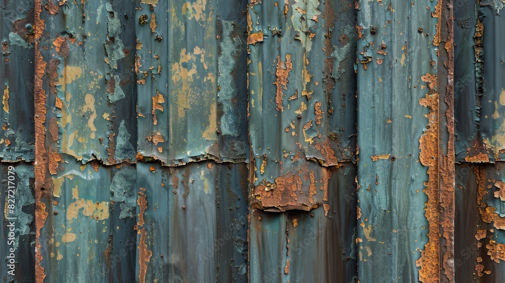 a close-up of a weathered corrugated metal surface rust and peeling paint Textured background a close-up of a weathered corrugated metal surface rust and peeling paint Textured background