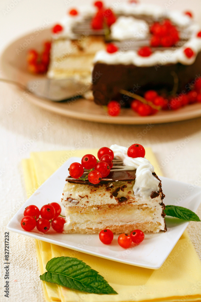 Cream tart with chocolate and red currants. Cream tart with chocolate and red currants.