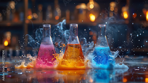 Explore wonders of chemistry with colorful beakers and bubbling reactions photo