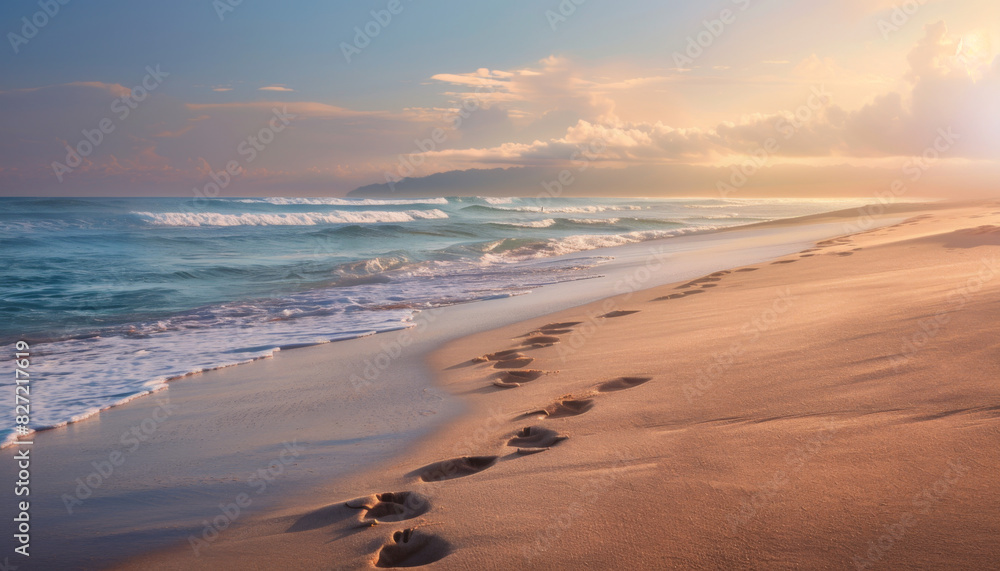 Single set of footprints leading down a serene sandy beach, gentle waves lapping at the shore, soft morning light, realistic photography, high detail, peaceful tranquility