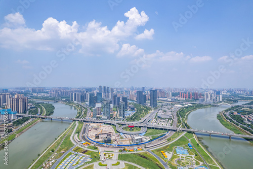 Aerial photography of urban buildings along the Liuyang River in Changsha, China