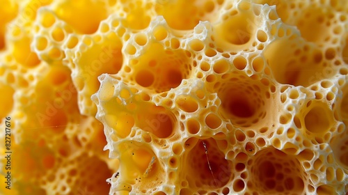 a close-up of a yellow sponge with an intricate porous texture and varying hole sizes
