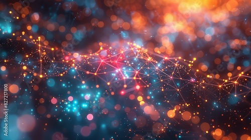 An engaging visualization of artificial intelligence, featuring a neural network with colorful, glowing connections, set against a vibrant background with a bokeh effect to convey technological photo