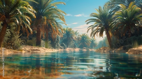 A desert oasis with palm trees and water