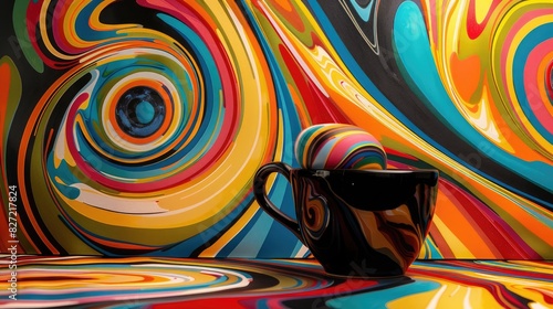 Original Abstract Design of Black Concentric Circles on Pitcher with Multicolored Swirl Background photo