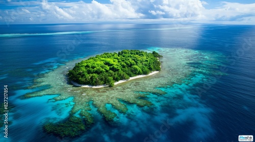 Aerial view of a secluded tropical island surrounded by a vibrant coral reef