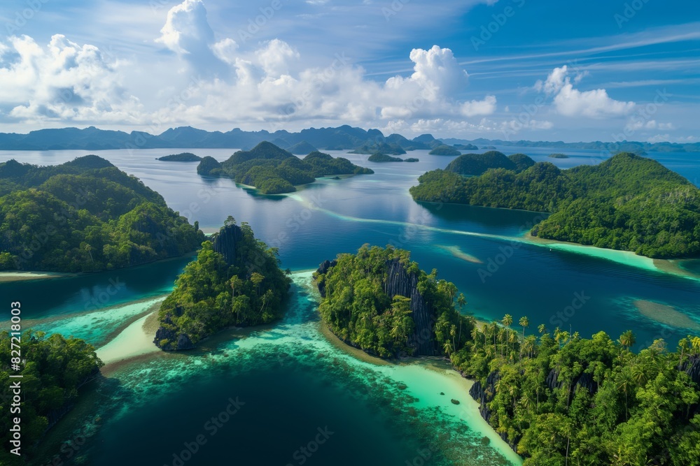 Spectacular aerial view of a serene and untouched tropical paradise with lush, green islands, clear turquoise waters, and breathtaking natural beauty captured by a drone photography shot
