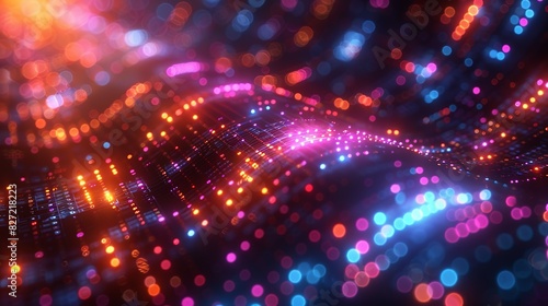 A vibrant 3D rendering of big data analytics, showing intricate data pathways and nodes illuminated by various colors, set against a dynamic, glowing environment with a subtle bokeh effect.