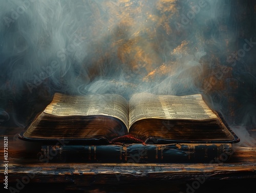 Glowing Divine Light on Open Bible: Worm's-eye View Against Dark Background