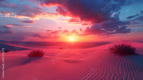 A desert landscape with sand dunes and a colorful sky at sunset