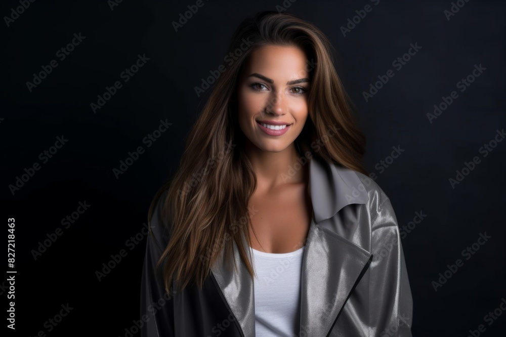 Portrait of smiling young female. Beautiful woman standing against black background. She is wearing gray jacket