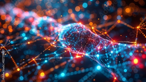 A creative depiction of cybersecurity measures, showing digital locks and encrypted pathways within a neural network, illuminated by a spectrum of colors against a bokeh-rich backdrop. photo