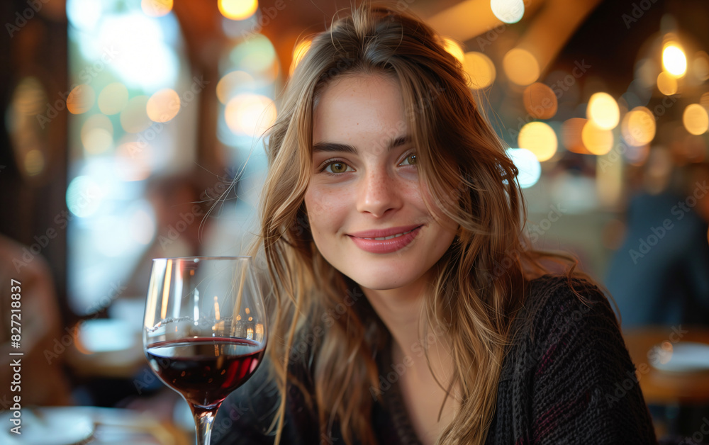 Joyful young woman with a charming smile holding a glass of red wine in a warmly lit, inviting wine bar atmosphere Joyful young woman with a charming smile holding a glass of red wine in a warmly lit, inviting wine bar atmosphere