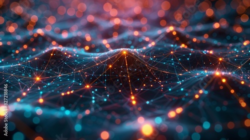 A high-tech visualization of artificial intelligence, featuring a neural network with colorful, glowing connections, set against a vibrant background with a bokeh effect to convey technological photo