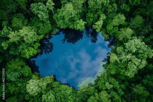 Aerial view of a tranquil blue lake surrounded by lush green forests  reflecting clouds